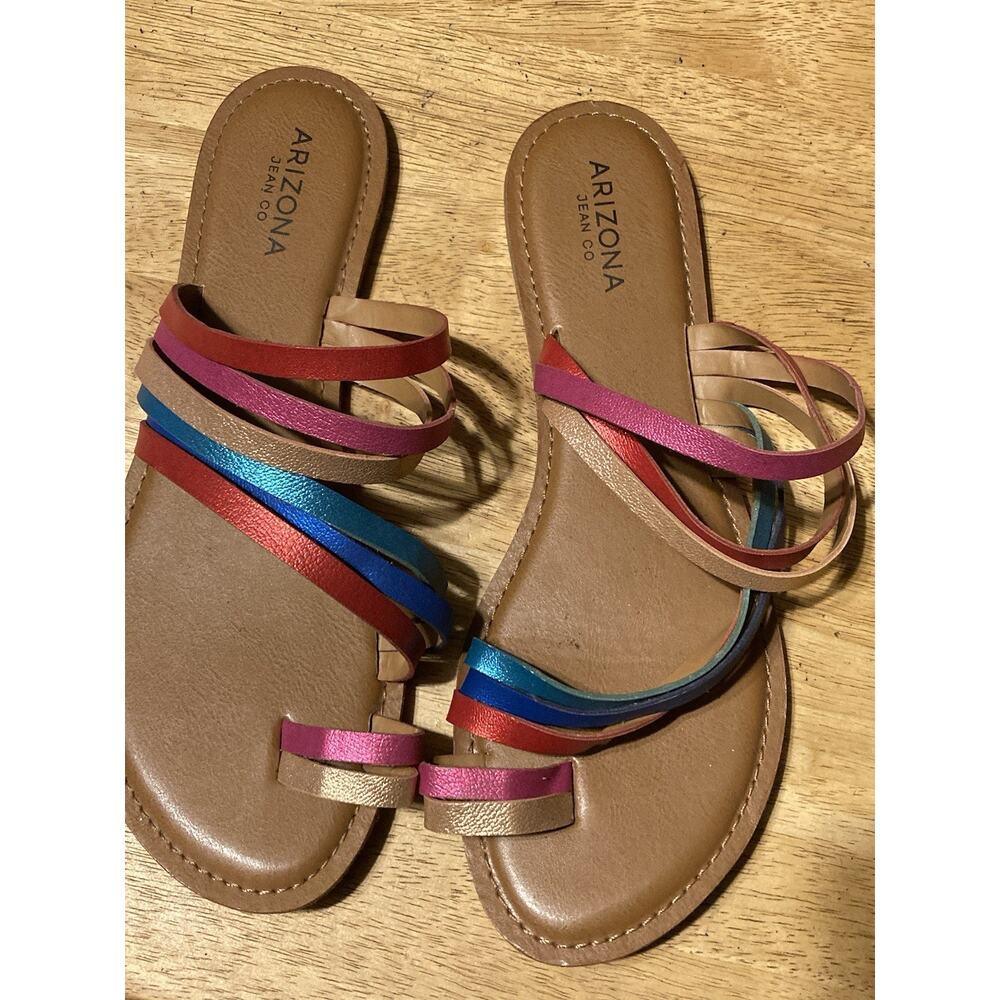Women’s Arizona Sandals Flat Shoes Size 9 Gold Pink‎ Blue Rainbow Vacation